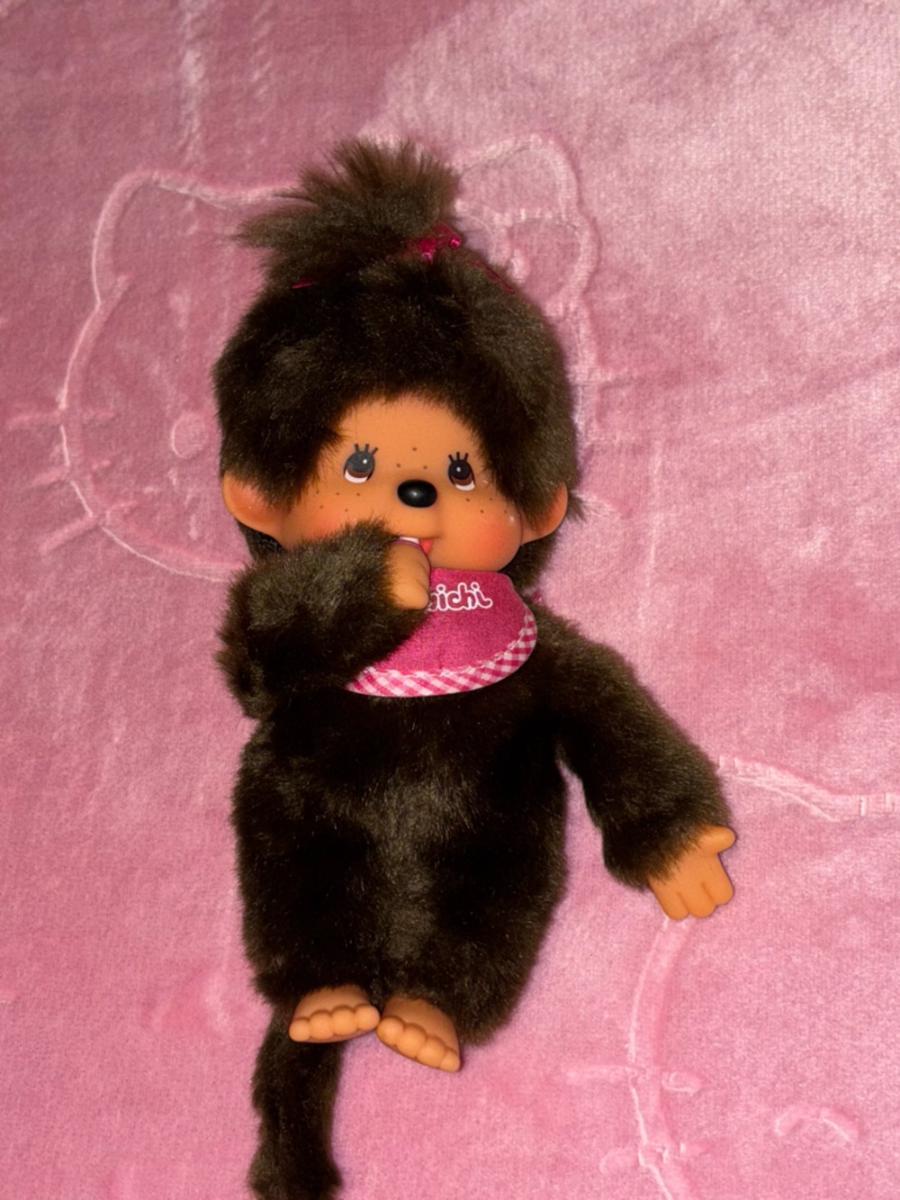 Monchhichi Plush Doll in Black with Pink Bib